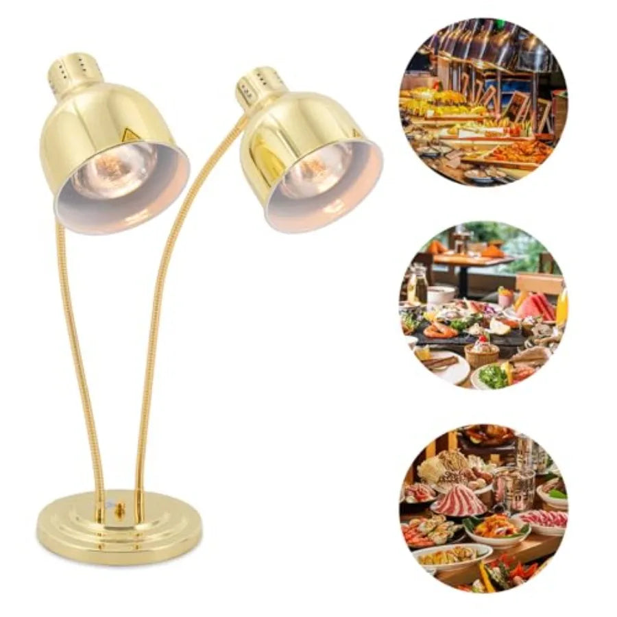 2-Head Food Warmer Lamp for Restaurants, Commercial Kitchens, Buffets, Cafeterias Catering; Stainless Steel, Gold; 500W, 360 Ad