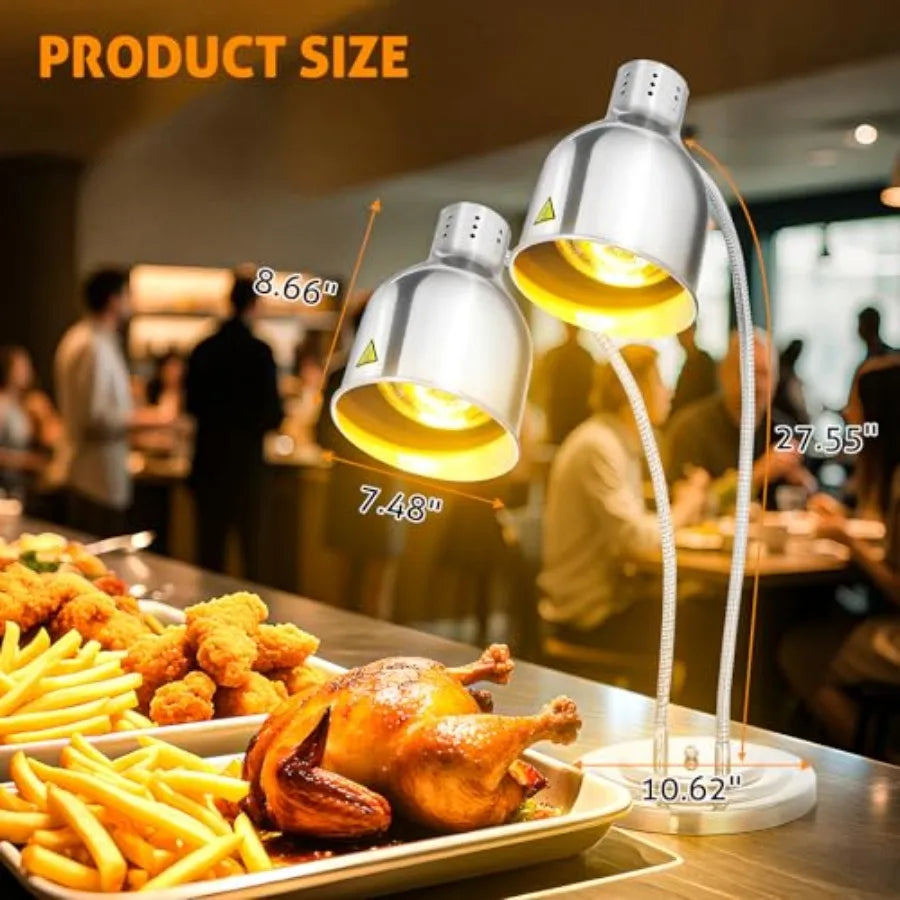 Commercial food warming lamp for restaurant kitchen and buffet use, dual-head 500W electric heating lamp, black and silver fini