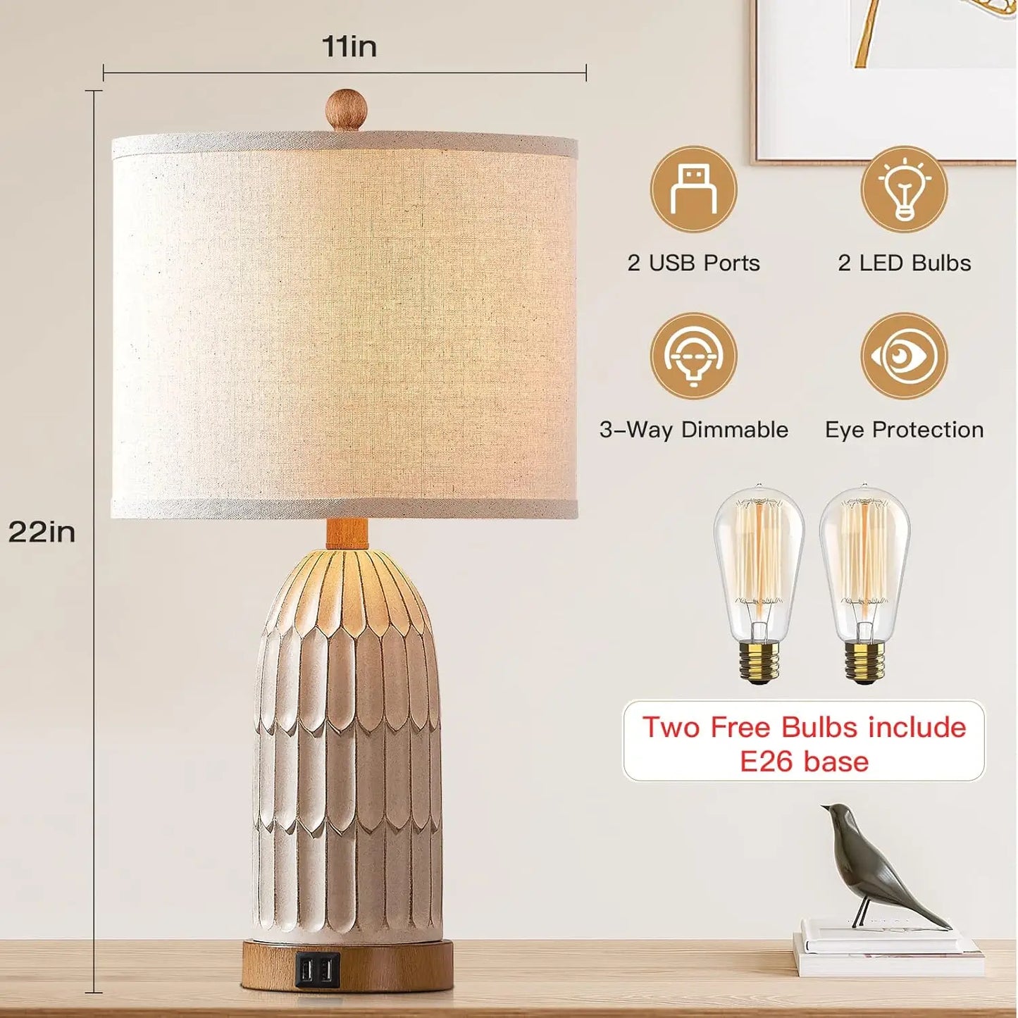 Boho Table Lamps Set of 2, Farmhouse 3-Way Dimmable Touch Nightstand Lamp with 2 USB Charging Ports for Bedroom Living Room