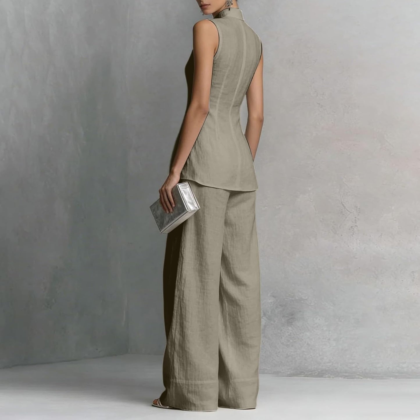 Linen Lounge sets for women, Stand Collar Sleeveless Top and Baggy Wide Leg Pants, Casual Business 2 Piece Set