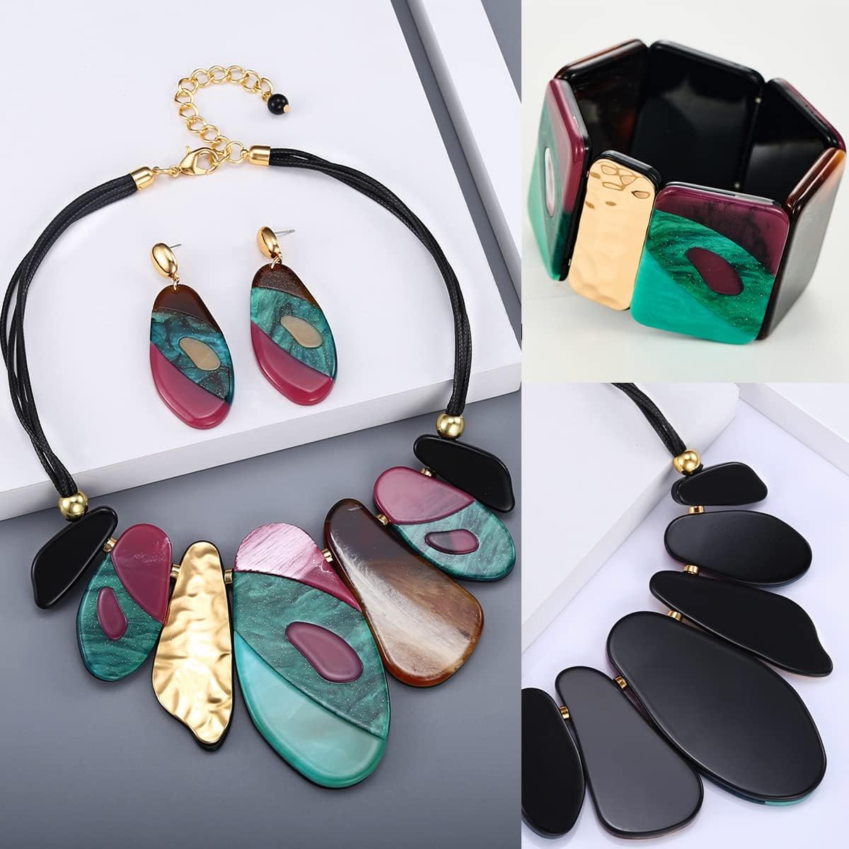 MUYAN Statement Acrylic Jewelry Set for Women, Big Bohemian Multicolor Bib Necklaces Bangle Bracelet Dangle Earrings Chunky Jewelry Sets