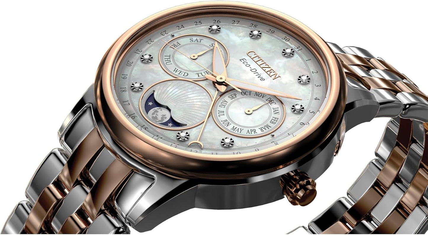 Citizen Women's Eco-Drive Calendrier, Moon Phase Diamond Accents Dial, Stainless Case and Bracelet Watch, Month/Day/Date