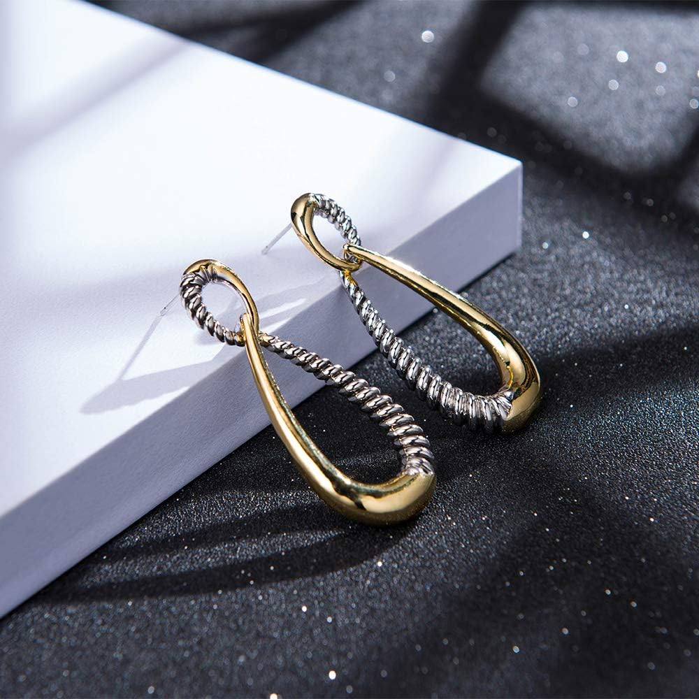 Mytys Two Tone Curved Dangle Drop Earrings - Gold Silver Plated Statement Earrings with Twisted Rope Design, Hypoallergenic Post for Women