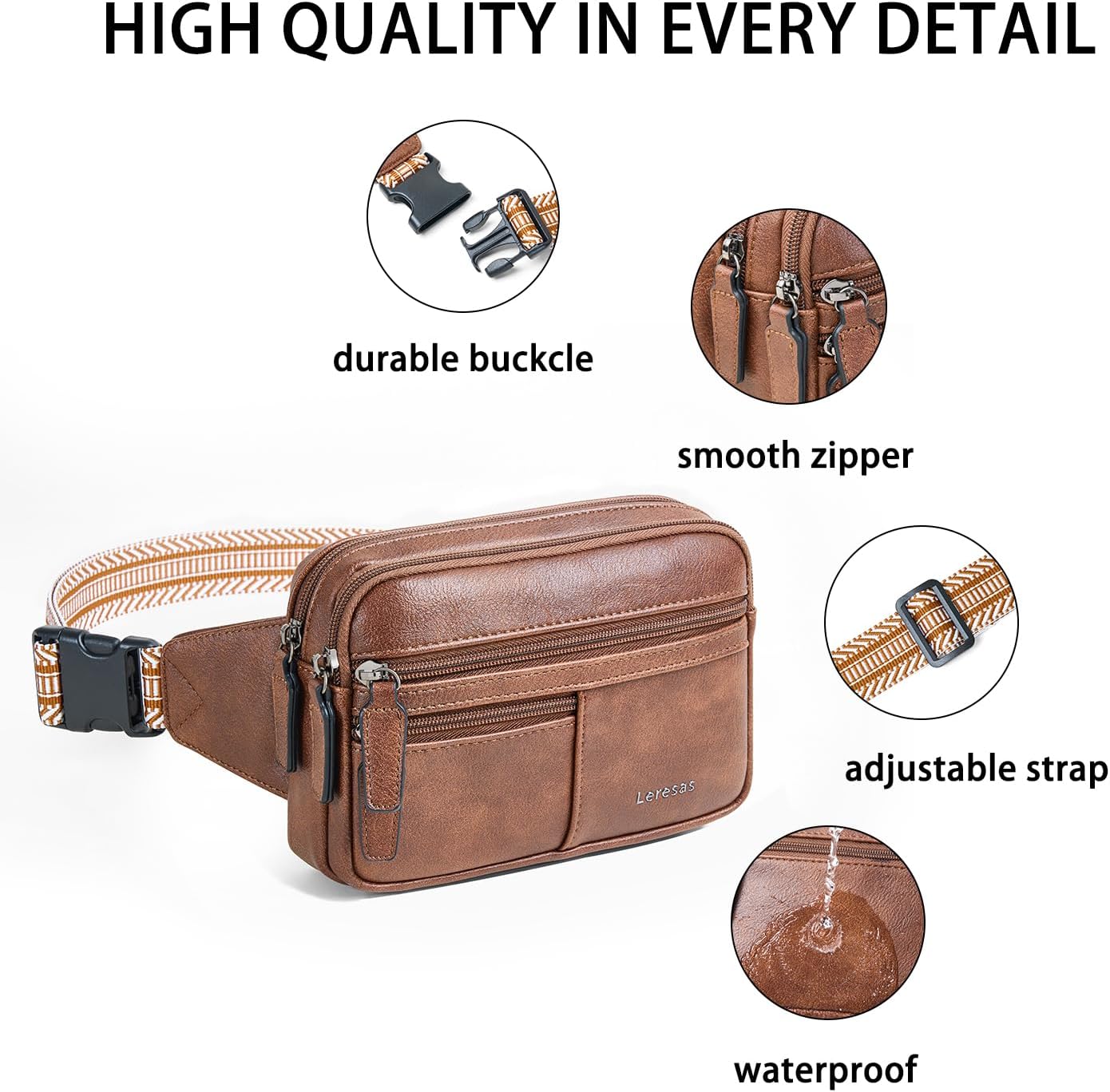 Leresas Fanny Packs for Women Vegan Leather Belt Bag Chic Cross Body Waist Pack Waist Purse for Travel Hiking Running Brown