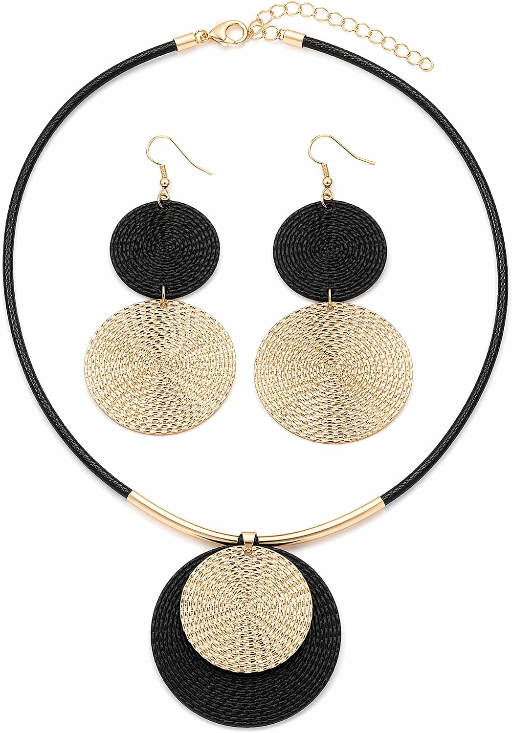 Gold Disc Pendant Necklace Earrings Set Leather Cord Black Circle Statement Necklaces Geometric Textured Medallion Jewelry For Women Party Fashion