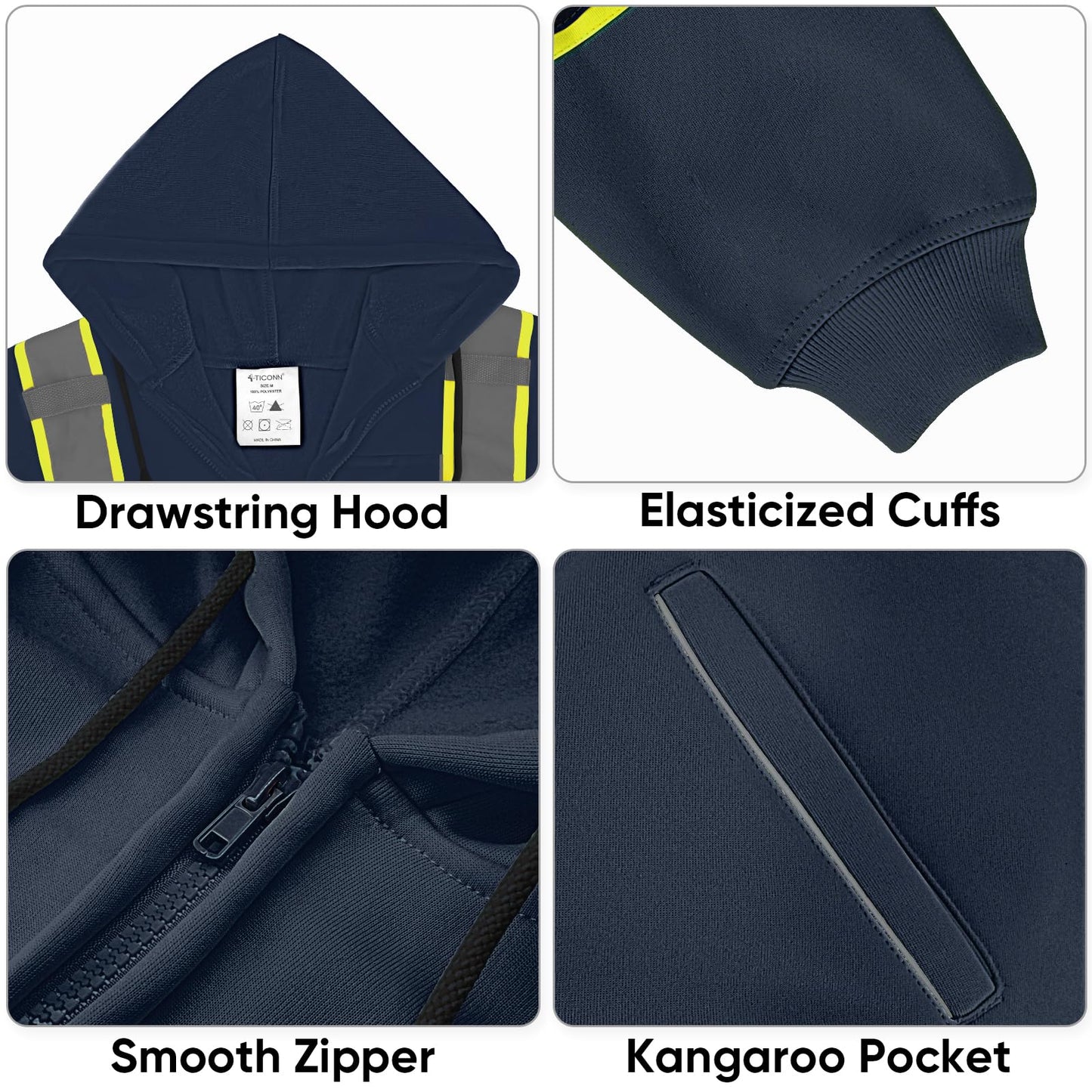 TICONN Safety Hoodie Jacket, High Vis Reflective Safety Fleece Hoodie, PPE Gear for Cold Weather Meet ANSI III