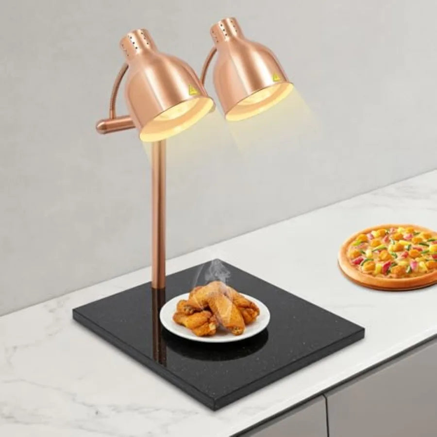 Commercial kitchen food warming lamp with marble base, dual-head design, 2 heating bulbs, white finish, energy-efficient heat r