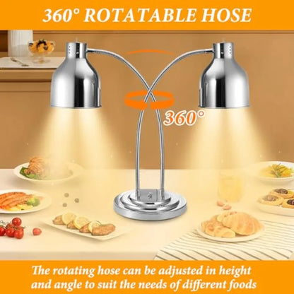 Commercial kitchen food warming lamp with stainless steel construction, adjustable 2-head design, silver color, for buffet, caf