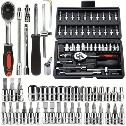 Socket Ratchet Wrench Set with Bit, Metric and Extension Bar for Auto Repairing, 46 PCs, 1/4 in Amagi