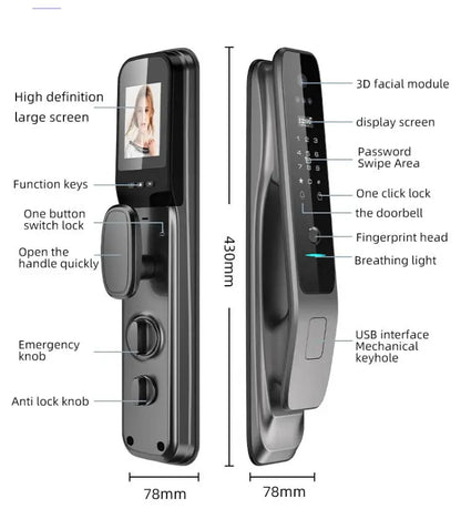 Tuya Fully Automatic Smart Door Lock with 3D Face & Fingerprint Recognition Security for Aluminum & Wood Doors Wifi Connected
