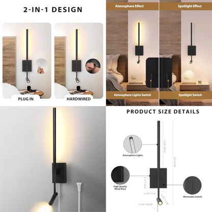 ZEROUNO Modern Plug in Wall Sconce Indoor Wall Light, Minimalist LED Line Wall Lamp with Switch, Adjustable Matte Wall lamp for