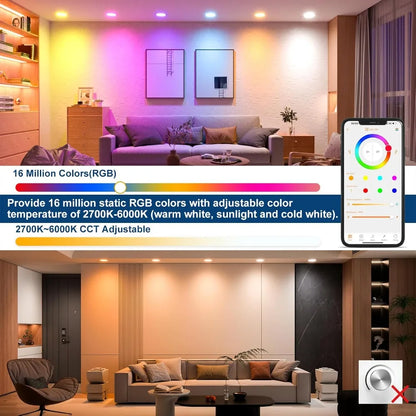 Smart 6 Inch RGBCW LED Downlight 16W 1350 Lumen Dimmable Bluetooth Control Compatible with Alexa - 12 Pack