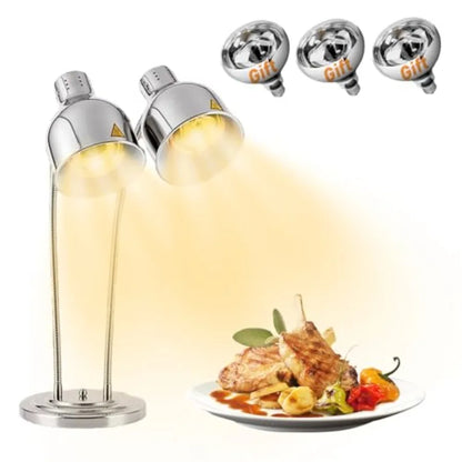 Commercial kitchen food warming lamp with stainless steel construction, adjustable 2-head design, silver color, for buffet, caf