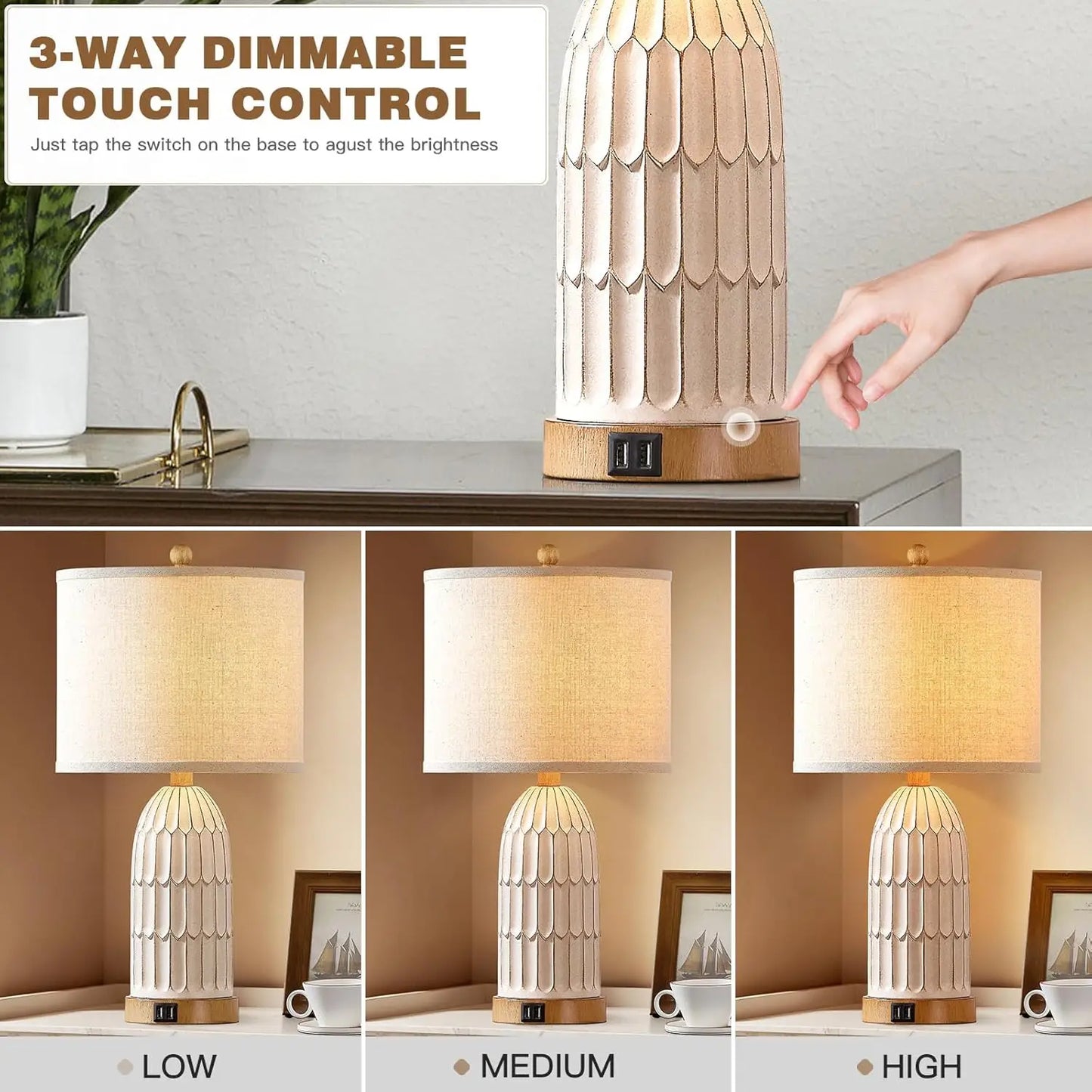 Boho Table Lamps Set of 2, Farmhouse 3-Way Dimmable Touch Nightstand Lamp with 2 USB Charging Ports for Bedroom Living Room