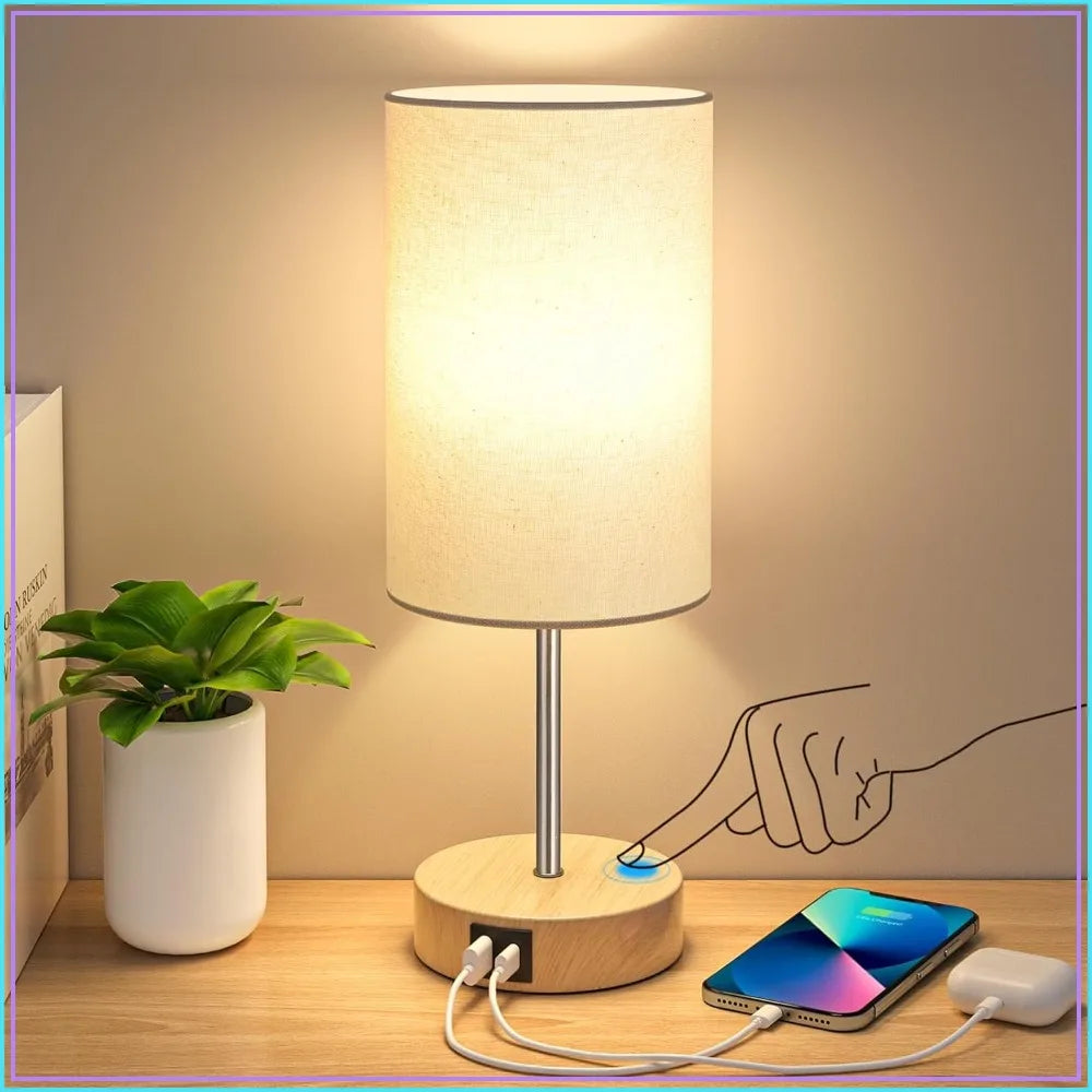 3 Way Dimmable Touch Table Lamp with Dual Charging Station, Small Bedside Lamp for Night Stands, Living Room, Office (LED Bulb Included)