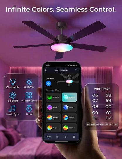 Smart Ceiling Fan with Lights, 52'' RGBCW Remote & App Control, Reversible DC Motor, 2600lm Dimmable, 6 Speeds & 2 Modes, Quiet for Bedroom