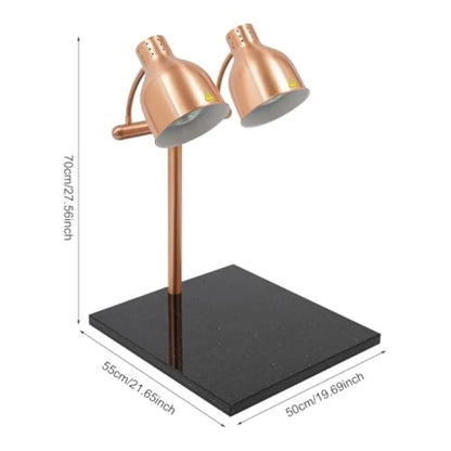 Commercial kitchen food warming lamp with marble base, dual-head design, 2 heating bulbs, white finish, energy-efficient heat r