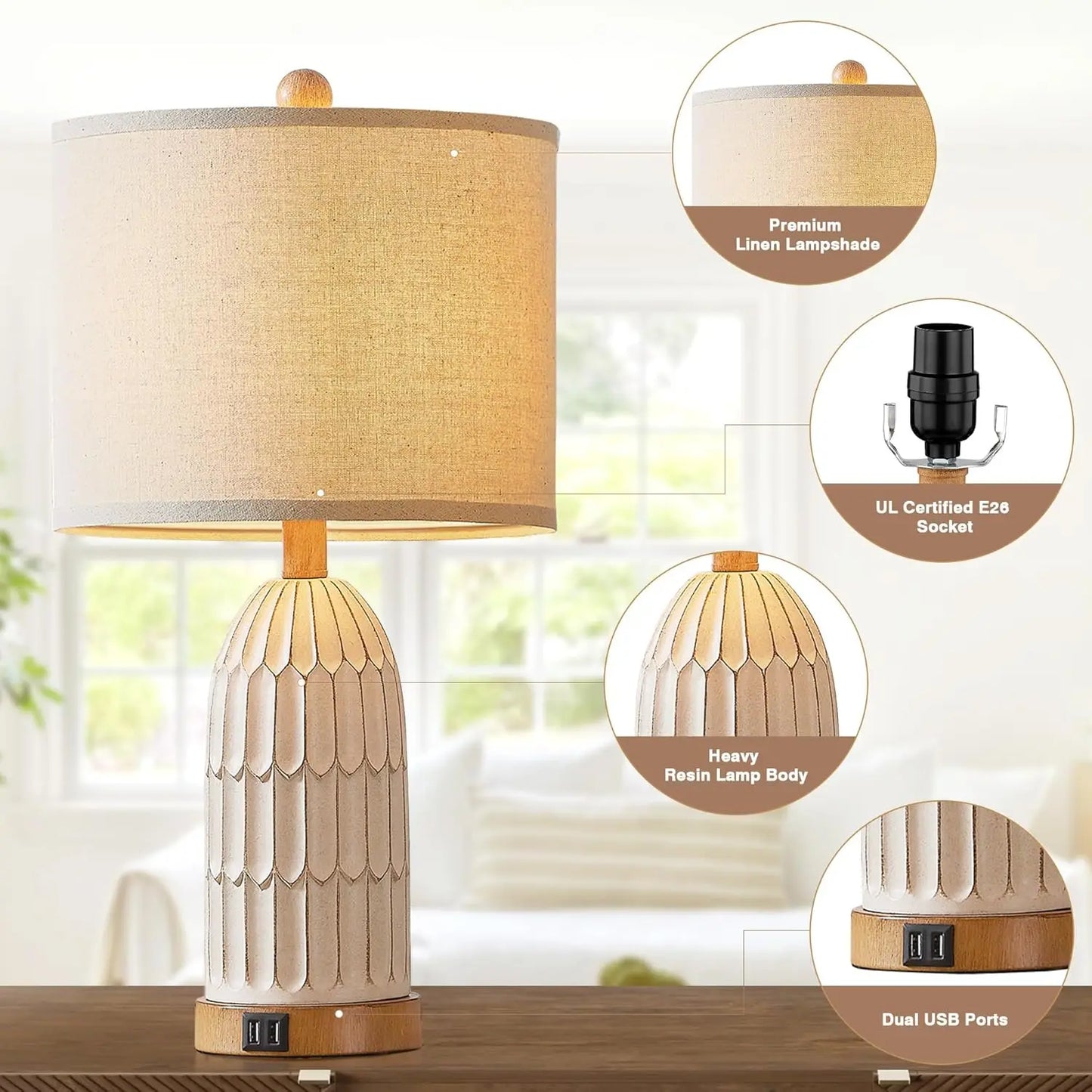 Boho Table Lamps Set of 2, Farmhouse 3-Way Dimmable Touch Nightstand Lamp with 2 USB Charging Ports for Bedroom Living Room