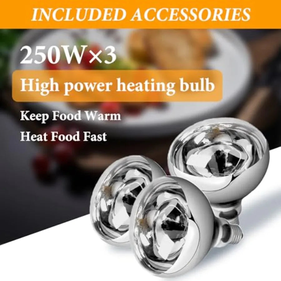 Commercial kitchen food warming lamp with stainless steel construction, adjustable 2-head design, silver color, for buffet, caf