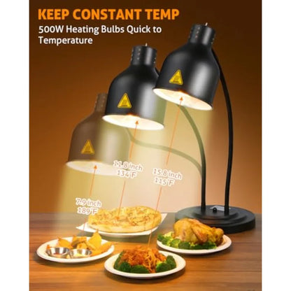 Commercial food warming lamp for restaurant kitchen and buffet use, dual-head 500W electric heating lamp, black and silver fini