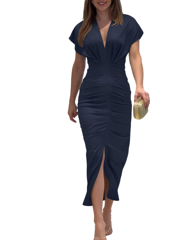 CHICME Summer Dresses for Women Floral Print Plunge V Neck Midi Dress Casual Ruched Slit Bodycon Party Dress