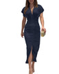 CHICME Summer Dresses for Women Floral Print Plunge V Neck Midi Dress Casual Ruched Slit Bodycon Party Dress