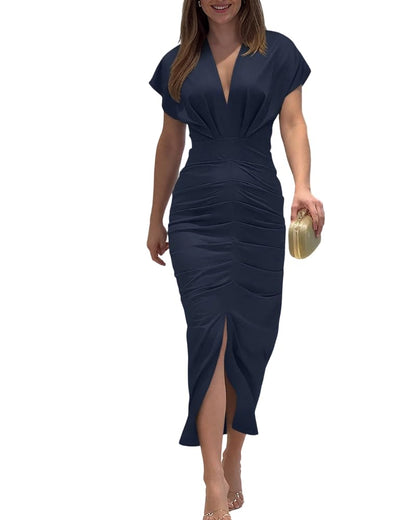 CHICME Summer Dresses for Women Floral Print Plunge V Neck Midi Dress Casual Ruched Slit Bodycon Party Dress