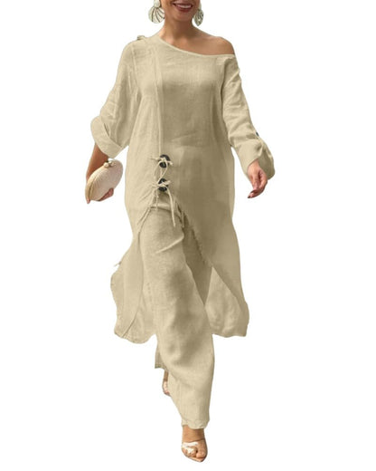 CHICME Women's Linen 2 Piece Vacation Set Cold Shoulder Wide Leg Pants | Lightweight Linen-Blend Fabric. Cold Shoulder Design. Perfect for Vacations, Travel, and Everyday Wear.