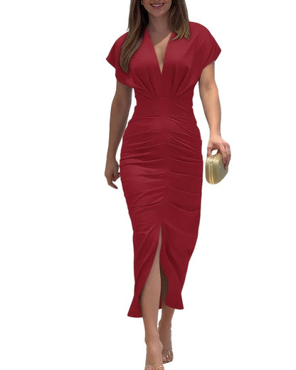CHICME Summer Dresses for Women Floral Print Plunge V Neck Midi Dress Casual Ruched Slit Bodycon Party Dress