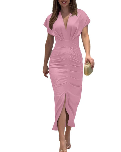 CHICME Summer Dresses for Women Floral Print Plunge V Neck Midi Dress Casual Ruched Slit Bodycon Party Dress