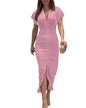 CHICME Summer Dresses for Women Floral Print Plunge V Neck Midi Dress Casual Ruched Slit Bodycon Party Dress