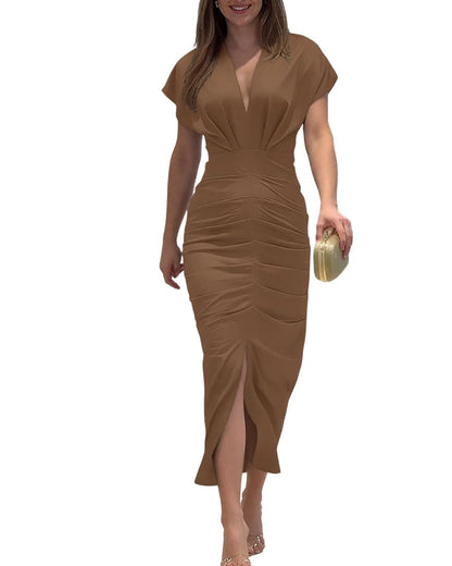 CHICME Summer Dresses for Women Floral Print Plunge V Neck Midi Dress Casual Ruched Slit Bodycon Party Dress