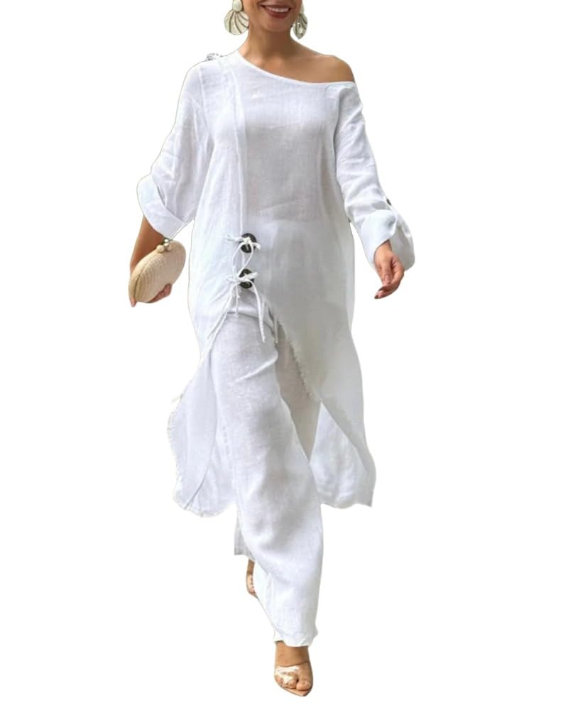 CHICME Women's Linen 2 Piece Vacation Set Cold Shoulder Wide Leg Pants | Lightweight Linen-Blend Fabric. Cold Shoulder Design. Perfect for Vacations, Travel, and Everyday Wear.