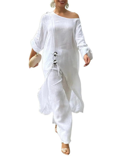 CHICME Women's Linen 2 Piece Vacation Set Cold Shoulder Wide Leg Pants | Lightweight Linen-Blend Fabric. Cold Shoulder Design. Perfect for Vacations, Travel, and Everyday Wear.