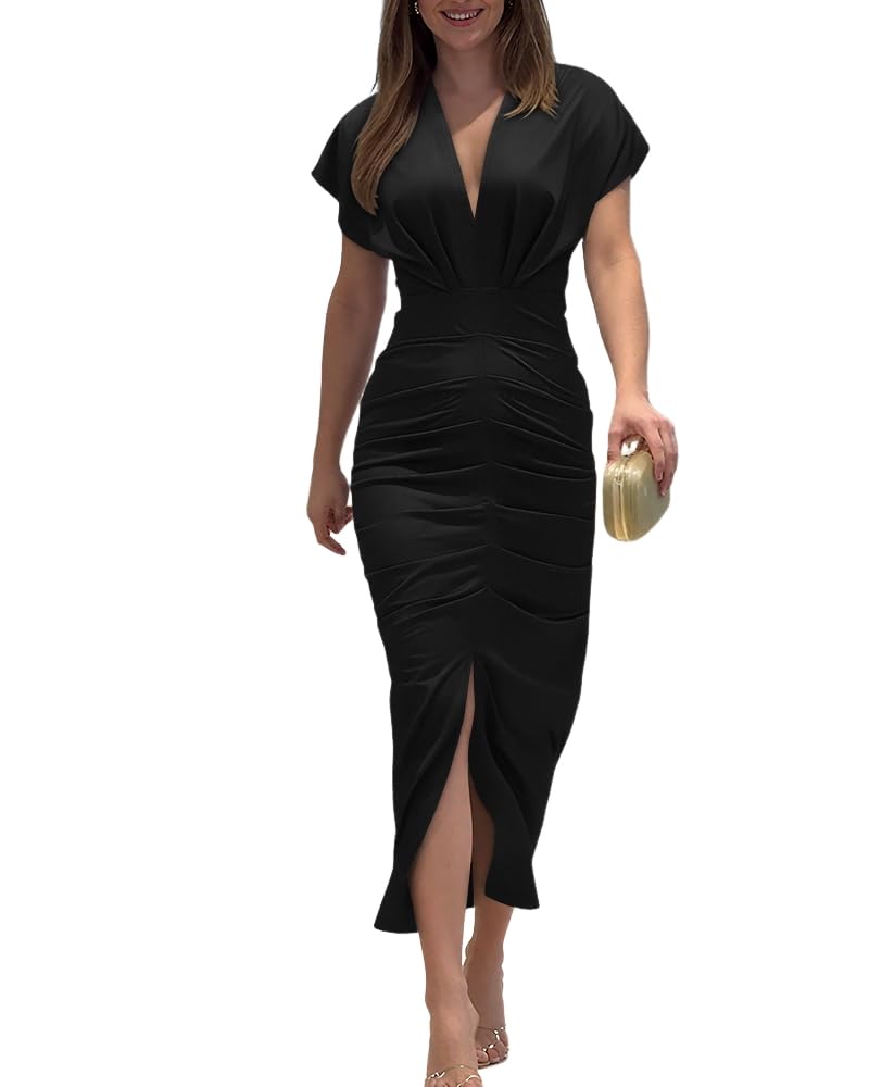 CHICME Summer Dresses for Women Floral Print Plunge V Neck Midi Dress Casual Ruched Slit Bodycon Party Dress