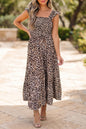 Brown Ruffled Straps Smocked Tiered Leopard Maxi Dress