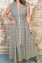 Beige Leopard Zip Front V Neck Cinched Waist Sleeveless Maxi Dress