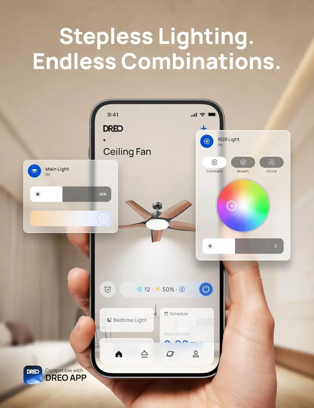 Smart Ceiling Fan with Lights, 52" Dimmable RGB Ambient Light, Alexa/App Control, Quiet, Easy Install for Living Room, Game Room