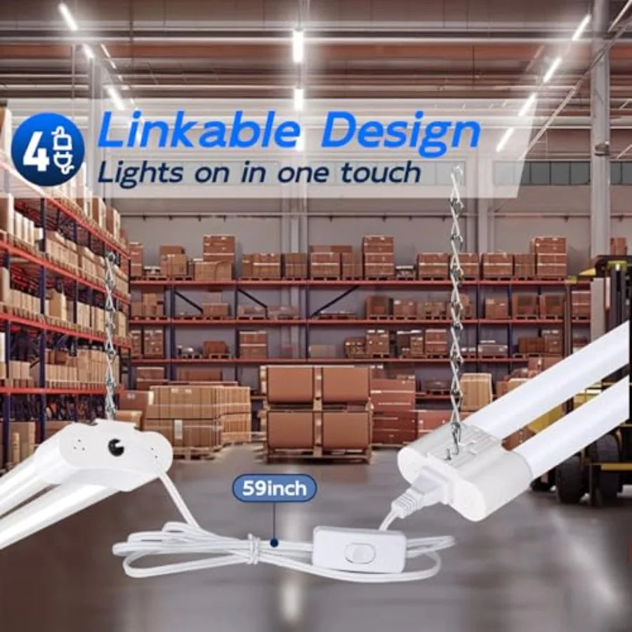 4 Pack Linkable LED Shop Light, 4Feet 42W [250W Equivalent], 4400lm, 5000K Daylight, with Plug, Utility Light Fixture, Hanging