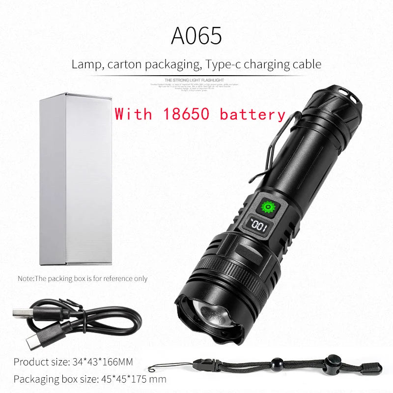 High Power LED Flashlight Type-C USB Rechargeable Long Range Tactical Torch Strong Light Lamp Outdoor Ultra Powerful Flash Light