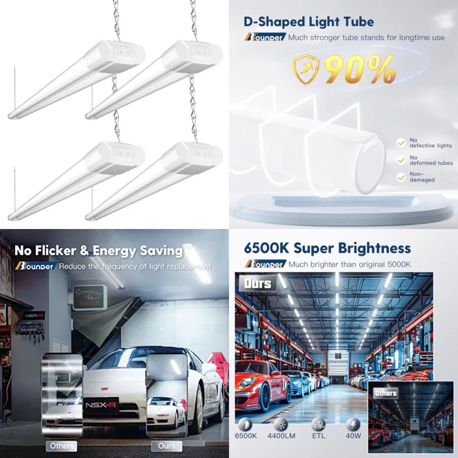 4 Pack Linkable LED Utility Shop Light, 4400 LM, Super Bright 6500K Cool Daylight, 4 Feet, 48 Inch Integrated Fixture for Garag