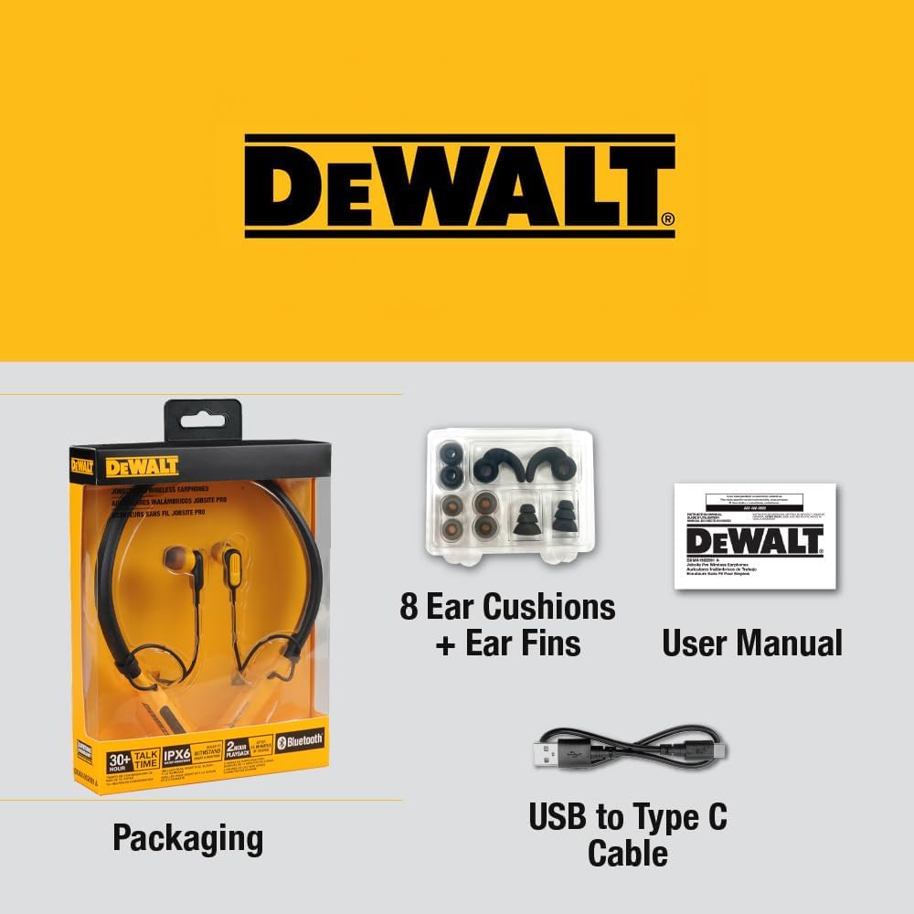 DEWALT Heavy Duty Magnetic Bluetooth Neckband Headphones, Wireless Around the Neck Earbuds w/30H Runtime+Noise Isolation, HandsFree Magnetic Wireless Earphones w/Mic Bluetooth Headsets - Black Edition