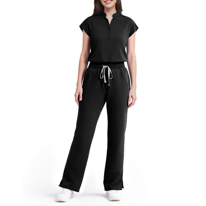 Scrubs for Women Set, Sleeveless 9-Pocket Straight Leg Yoga Waist | Stand-up collar top, straight leg pants side slits. Soft stretch knit. Yoga waist. Wrinkle-free. For nurses/docs/vets.