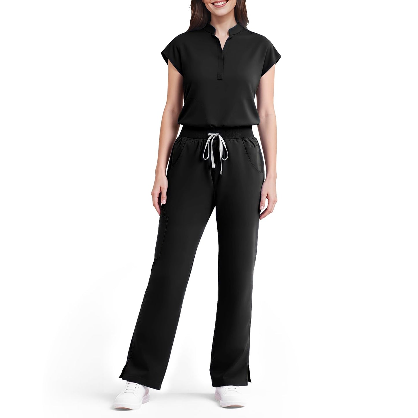 Scrubs for Women Set, Sleeveless 9-Pocket Straight Leg Yoga Waist | Stand-up collar top, straight leg pants side slits. Soft stretch knit. Yoga waist. Wrinkle-free. For nurses/docs/vets.