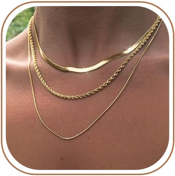 3PCS Gold Necklaces for Women,Chunky Statement Gold Plated Necklace Stack Layered Sterling Silver Herringbone Chains for Women Dainty Trendy Silver Chains Stacked Jewelry Gifts
