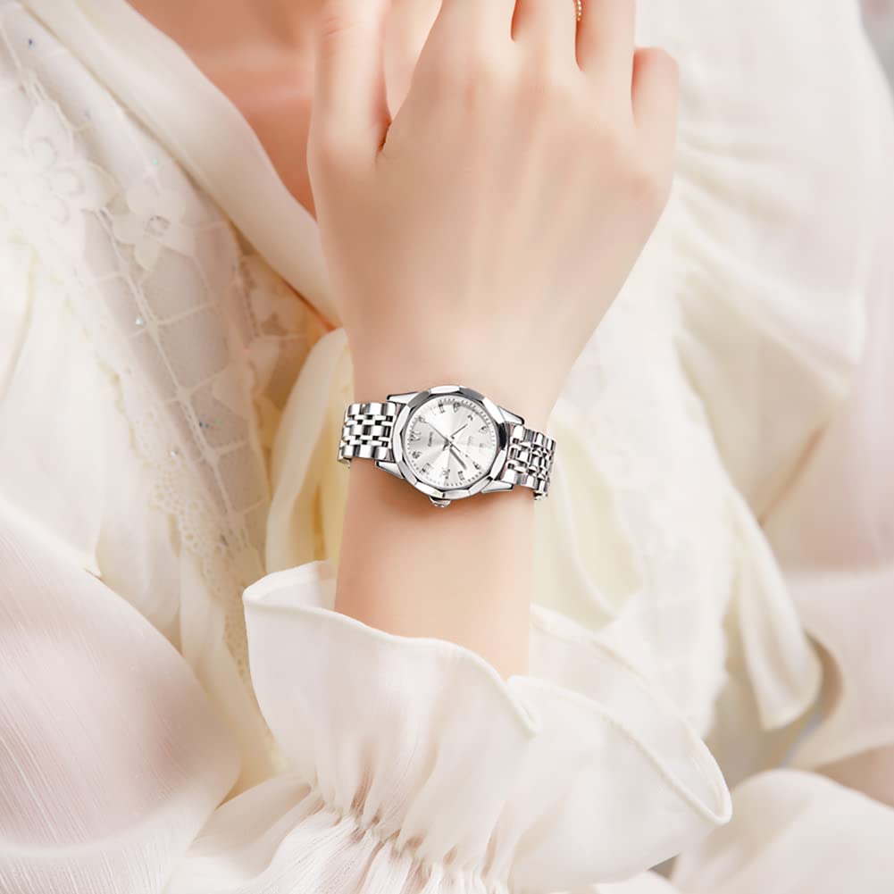 OLEVS Watches Women with Date Silver Stainless Steel Luxury Ladies Watches with Small Writs Diamond Watches for Women Waterproof Elegant Dress Quartz Analog Women's Wrist Watches Reloj de Mujer