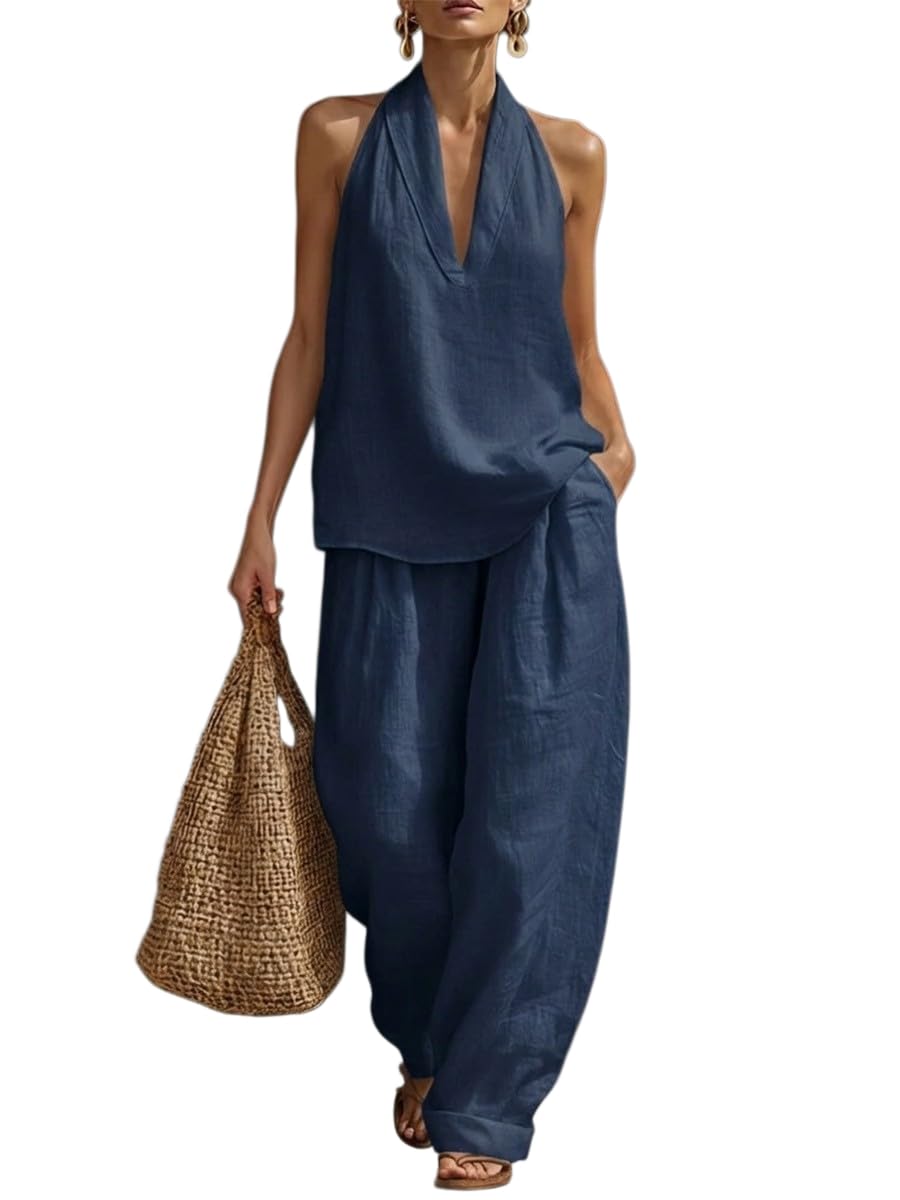 Womens Linen 2 Piece Sets 2026 Sleeveless V-Neck Halter Top Matching Baggy Wide Leg Pants Summer Lounge Set Vacation Outfits