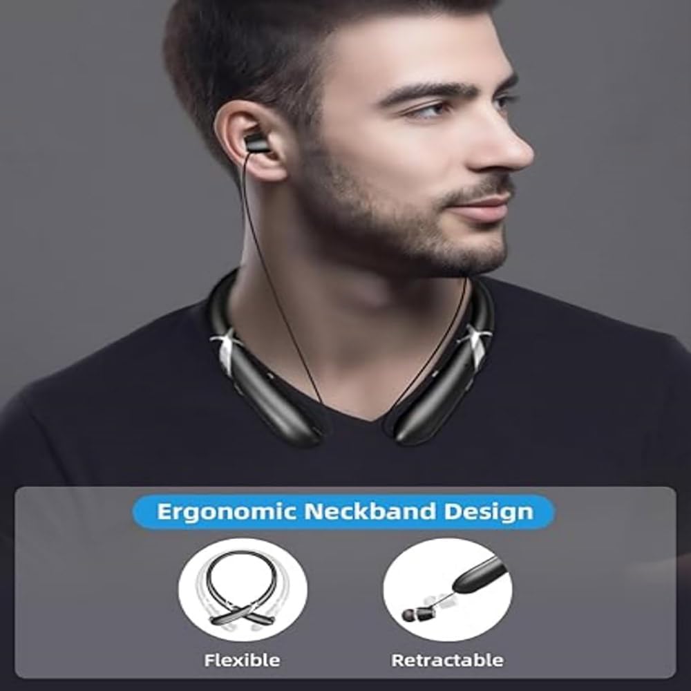 Neckband Bluetooth Headphones, Retractable Earbuds ENR Noise Cancelling Wireless Headphones, 18H Playtime Vibration Call Neckband Headset with Mic, IPX5 Sport Stereo Earphones for Running