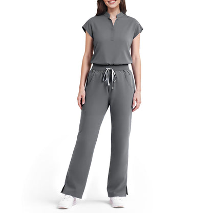 Scrubs for Women Set, Sleeveless 9-Pocket Straight Leg Yoga Waist | Stand-up collar top, straight leg pants side slits. Soft stretch knit. Yoga waist. Wrinkle-free. For nurses/docs/vets.
