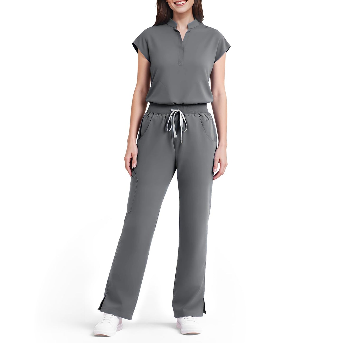 Scrubs for Women Set, Sleeveless 9-Pocket Straight Leg Yoga Waist | Stand-up collar top, straight leg pants side slits. Soft stretch knit. Yoga waist. Wrinkle-free. For nurses/docs/vets.